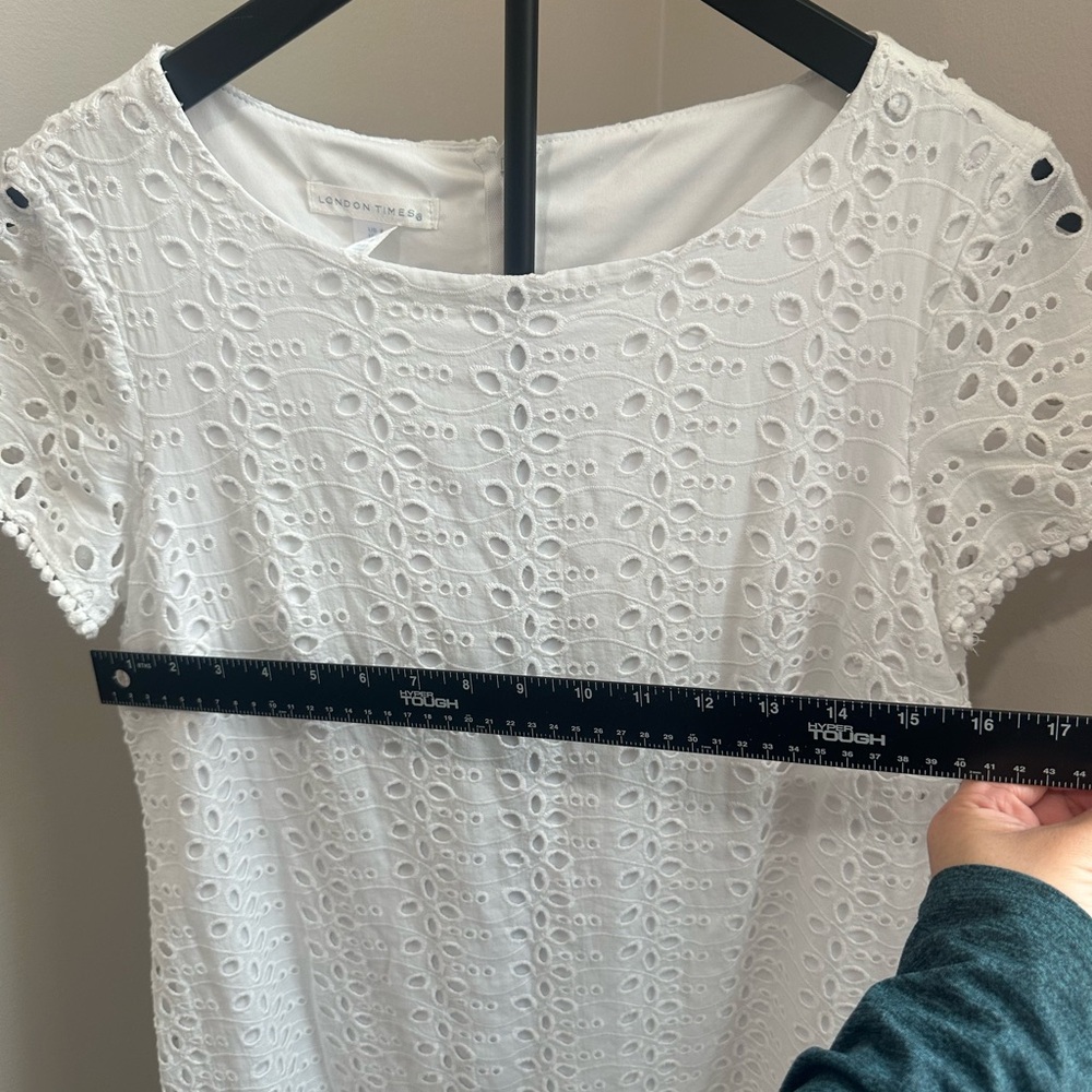 London Times 100% Cotton White Eyelet Short Sleeve Shift Mini Dress - Picture 9 of 12